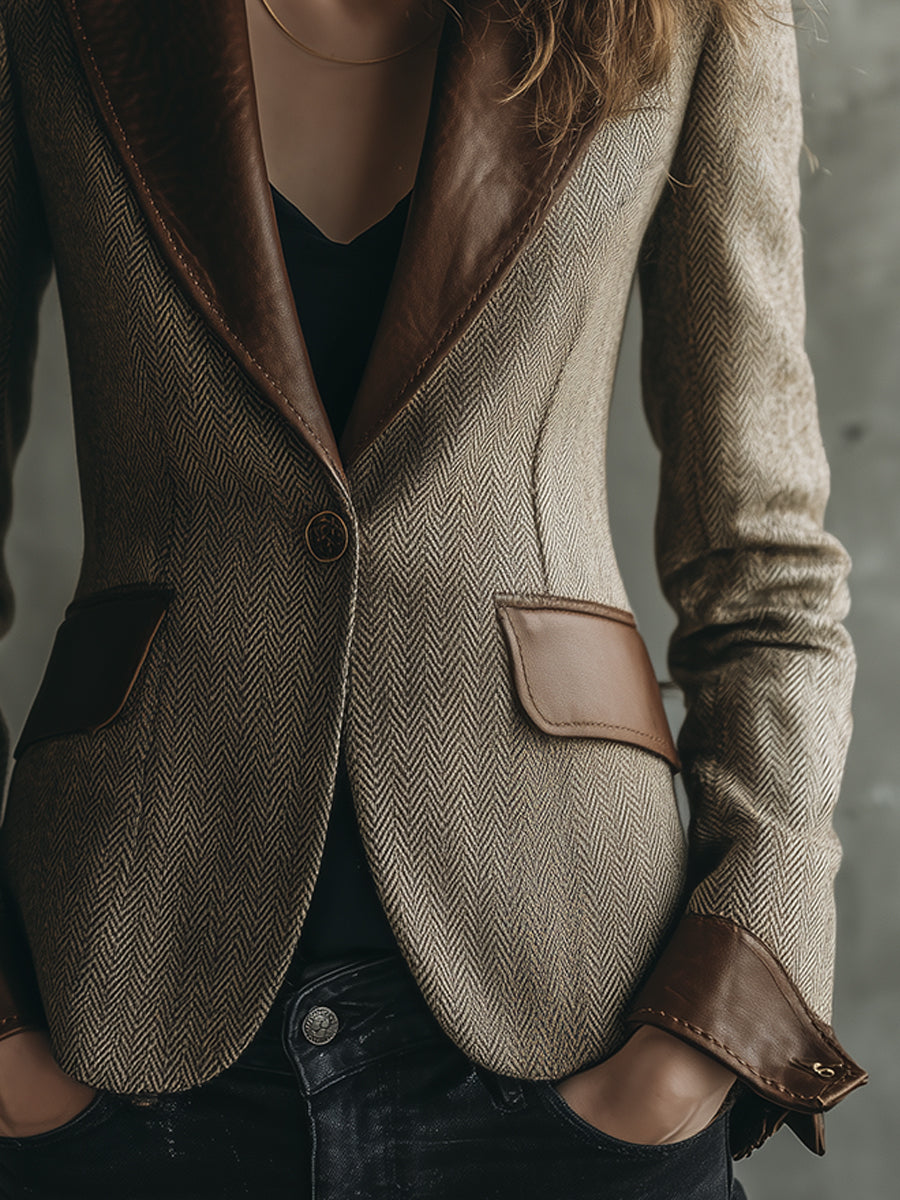 Retro Herringbone Wool PU Patchwork Lapel Blazer