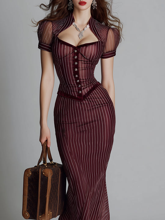 Elegant Striped Slim Fit Satin Short Sleeve Midi Dress