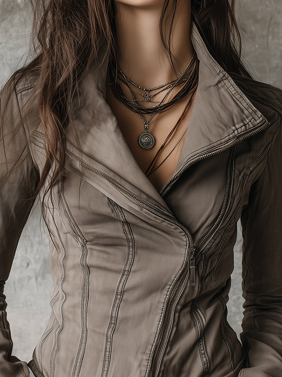 Bohemian Washed Diagonal Placket Denim Jacket