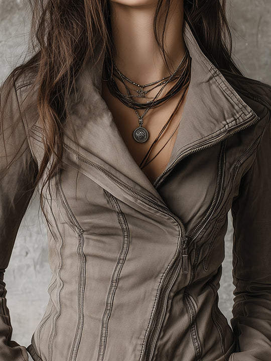 Bohemian Washed Diagonal Placket Denim Jacket