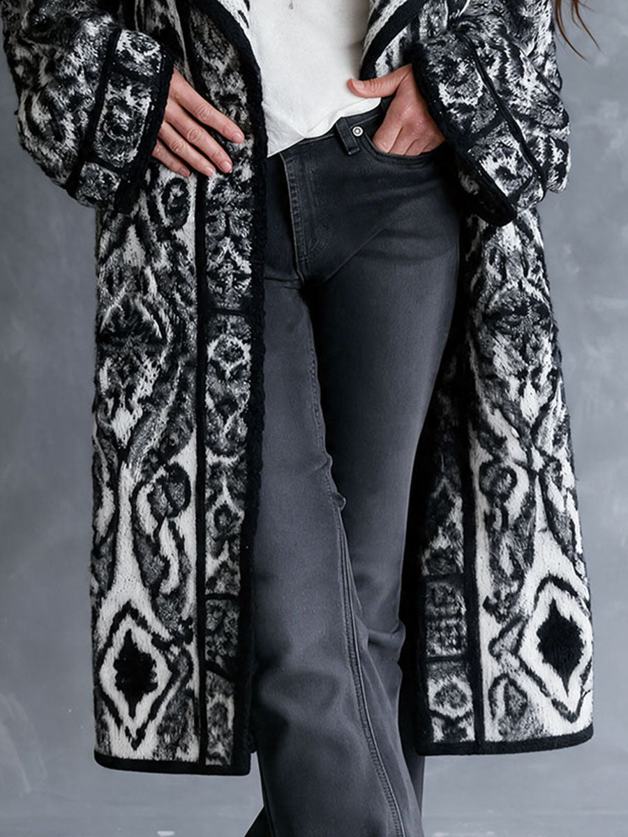 Vintage Black White Nomadic Tribal Knit Maxi Coat With Wide Shawl Collar