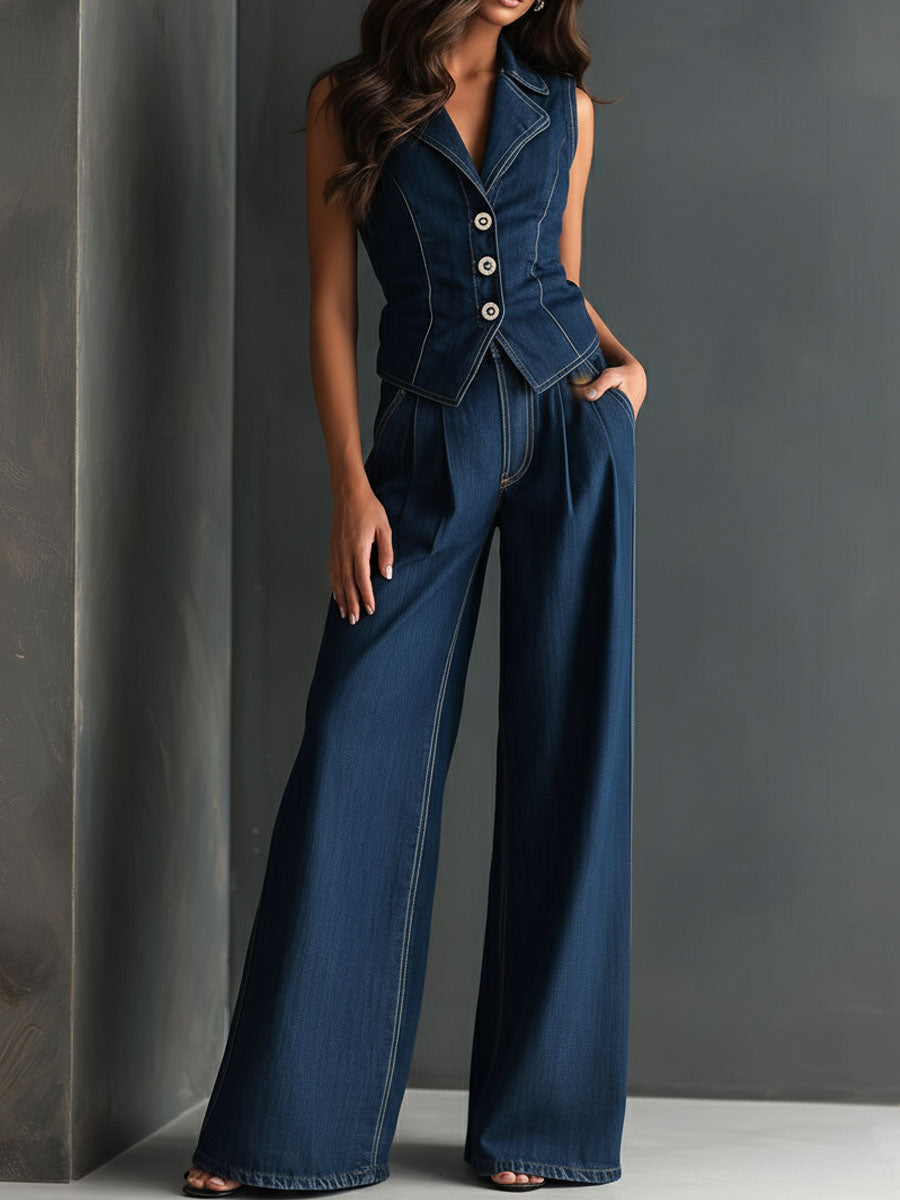 Retro Dark Indigo Denim Ailored Vest & High-Waist Wide-Leg Pants Set