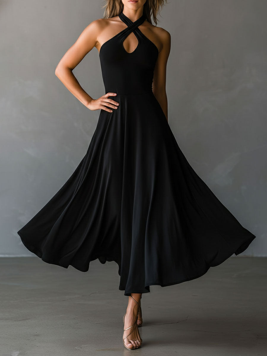 Retro Elegant Black Keyhole Halter Neck A-Line Midi Dress