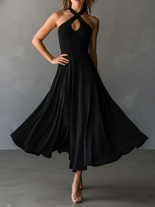 Retro Elegant Black Keyhole Halter Neck A-Line Midi Dress