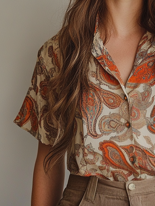 Exquisite Retro Style Paisley Printed Open Top Shirt