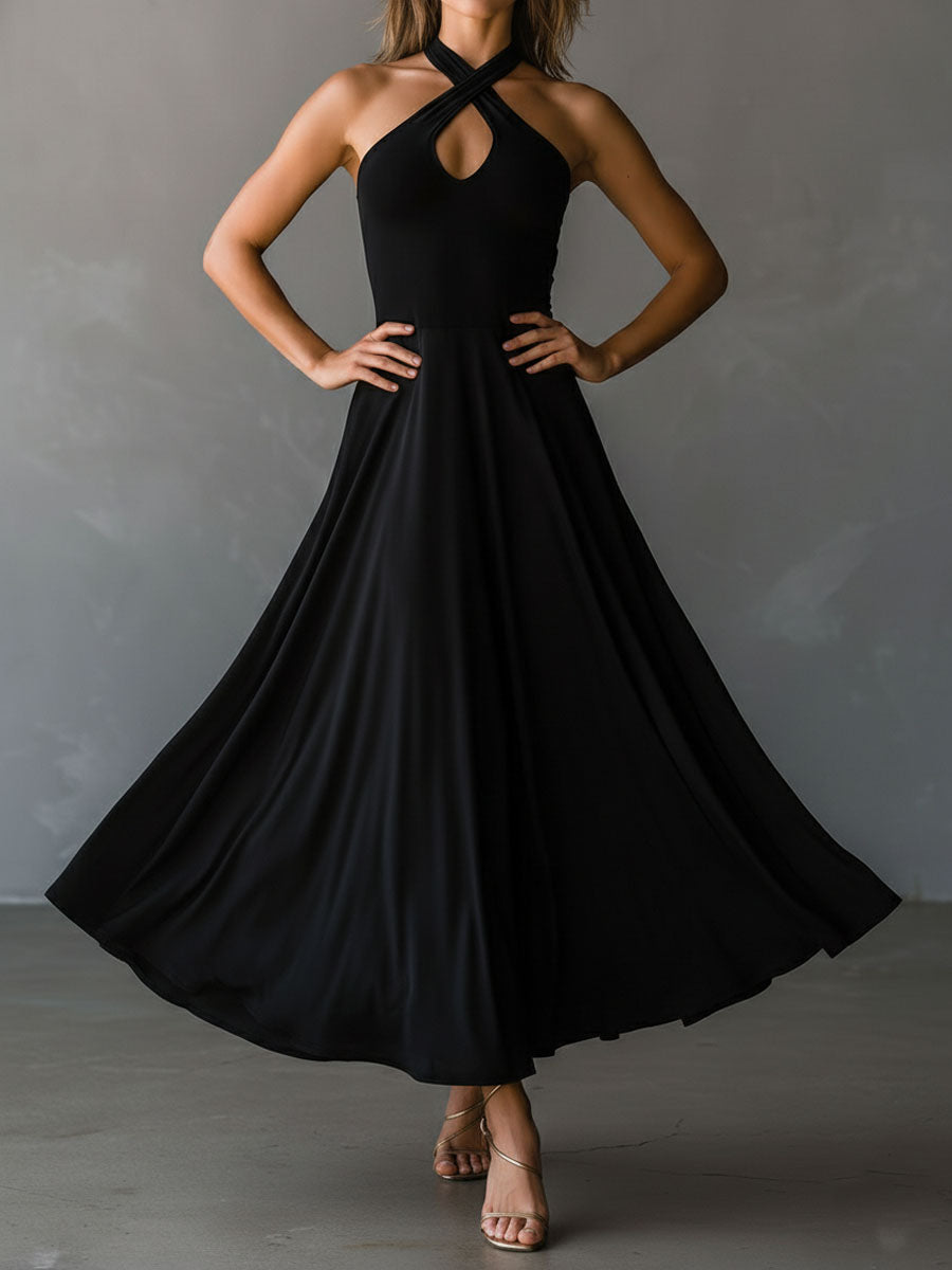 Retro Elegant Black Keyhole Halter Neck A-Line Midi Dress
