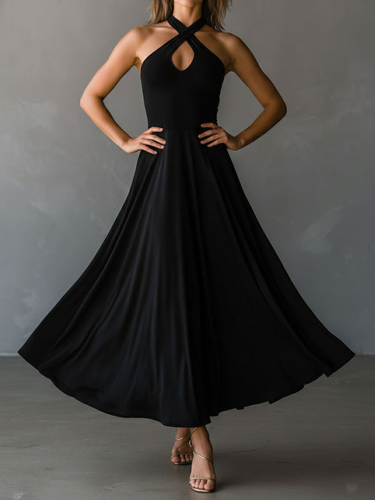 Retro Elegant Black Keyhole Halter Neck A-Line Midi Dress