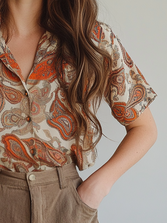 Exquisite Retro Style Paisley Printed Open Top Shirt