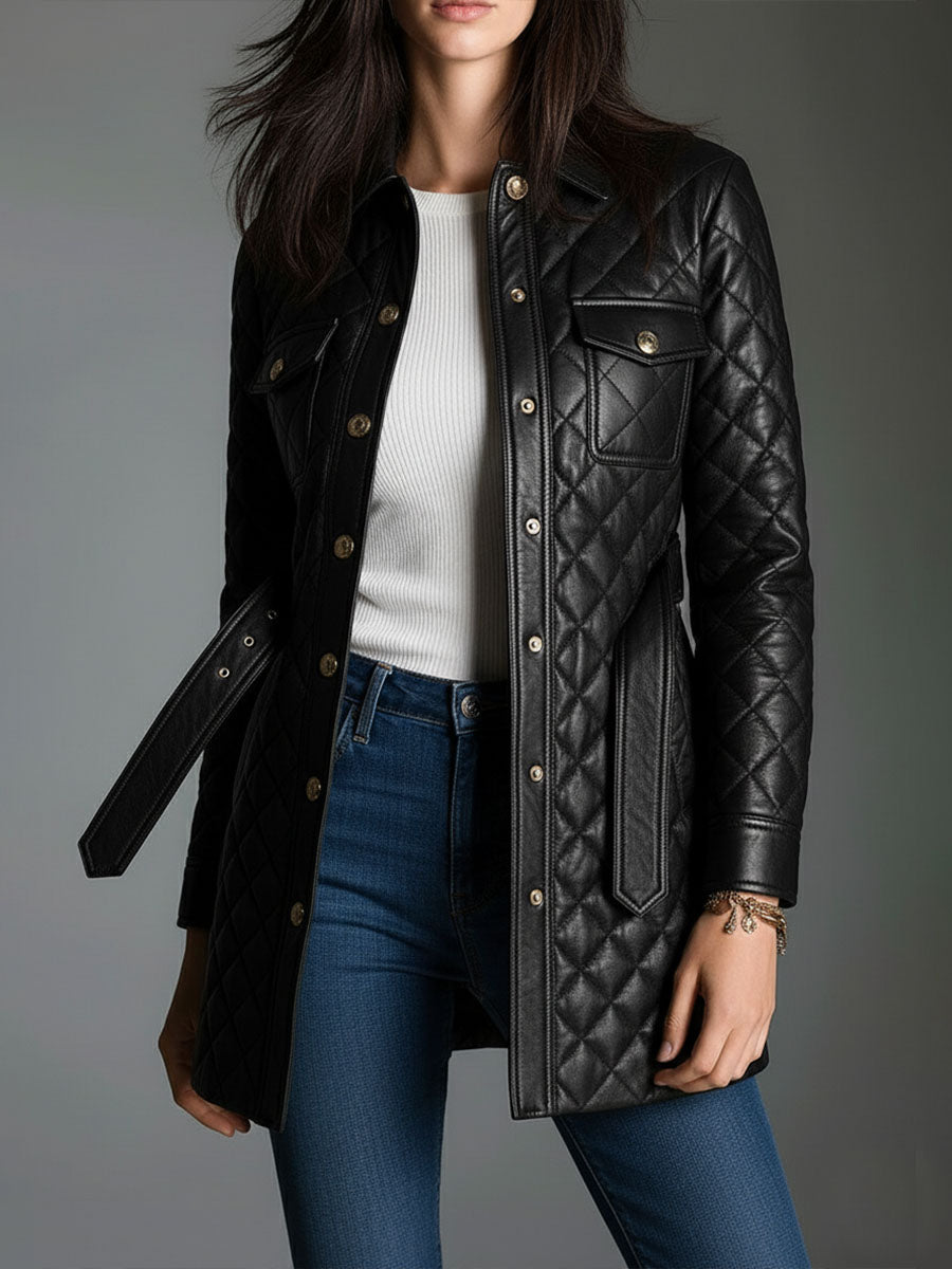 2-in-1 Diamond-quilted Padded Eco Leather Shirt Dress & Jacket