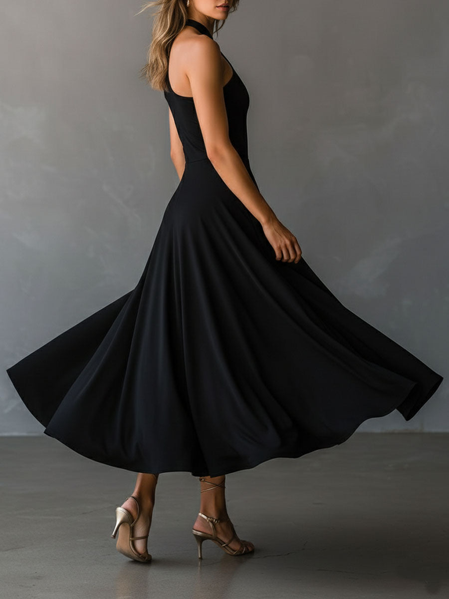 Retro Elegant Black Keyhole Halter Neck A-Line Midi Dress