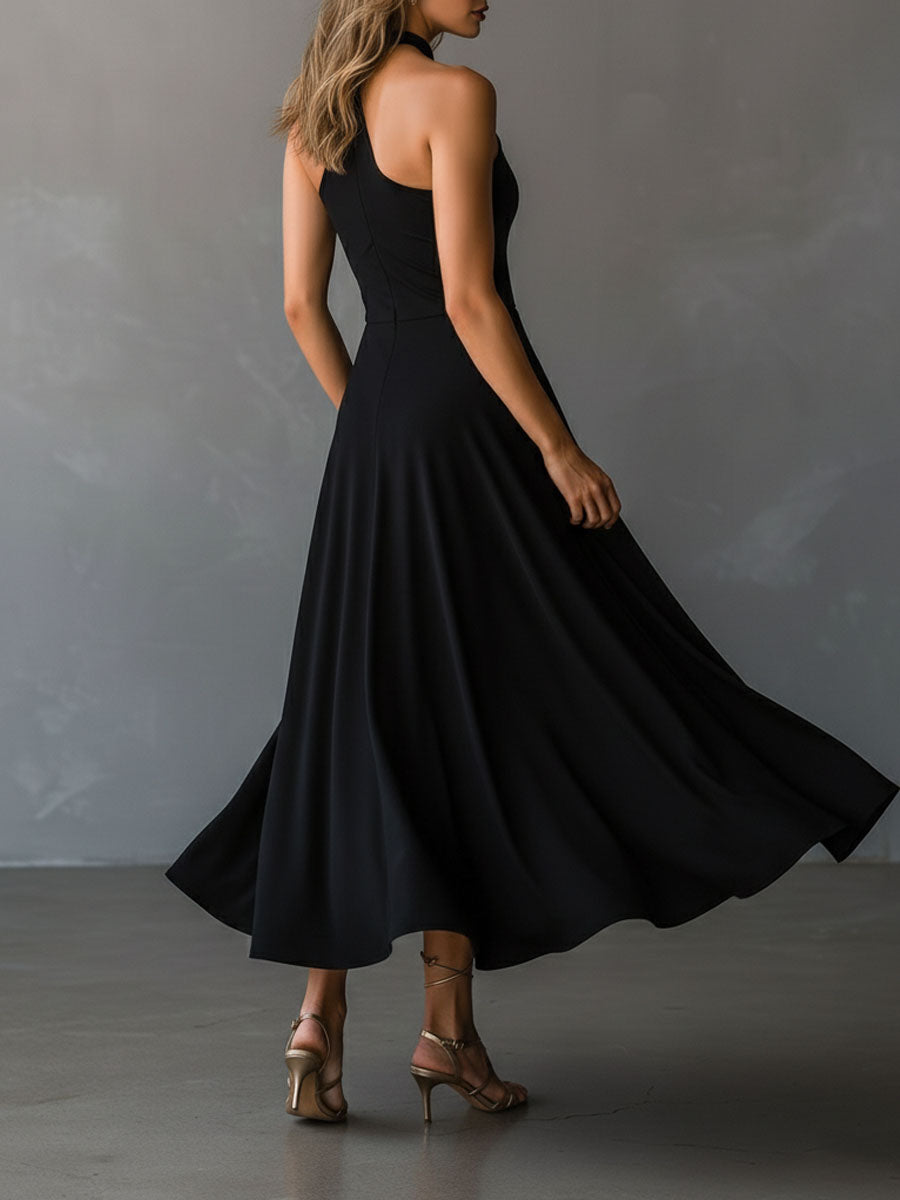 Retro Elegant Black Keyhole Halter Neck A-Line Midi Dress