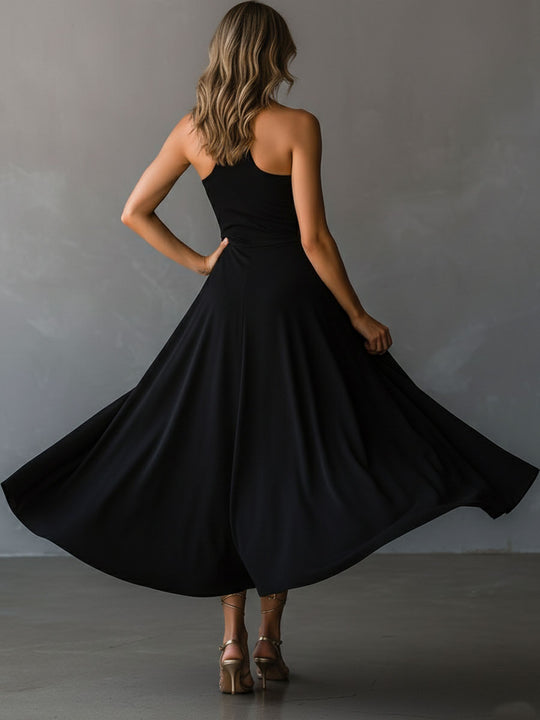Retro Elegant Black Keyhole Halter Neck A-Line Midi Dress
