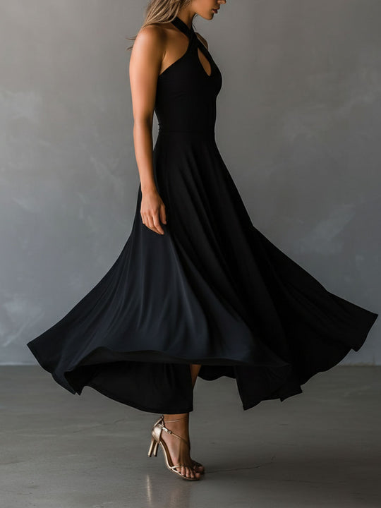 Retro Elegant Black Keyhole Halter Neck A-Line Midi Dress