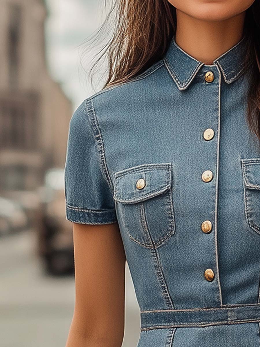 Denim Button-Up Pockets Bodycon Dress