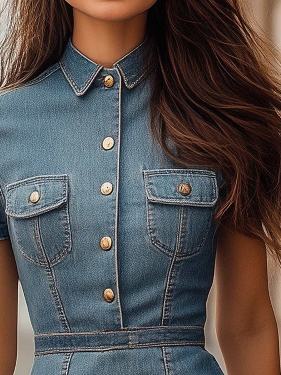 Denim Button-Up Pockets Bodycon Dress