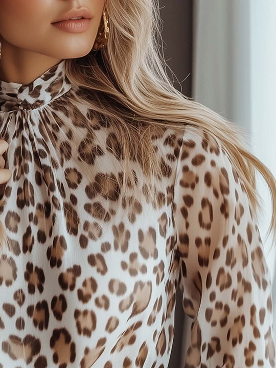 Pleated Collar Leopard Print Long-sleeved Chiffon Blouse