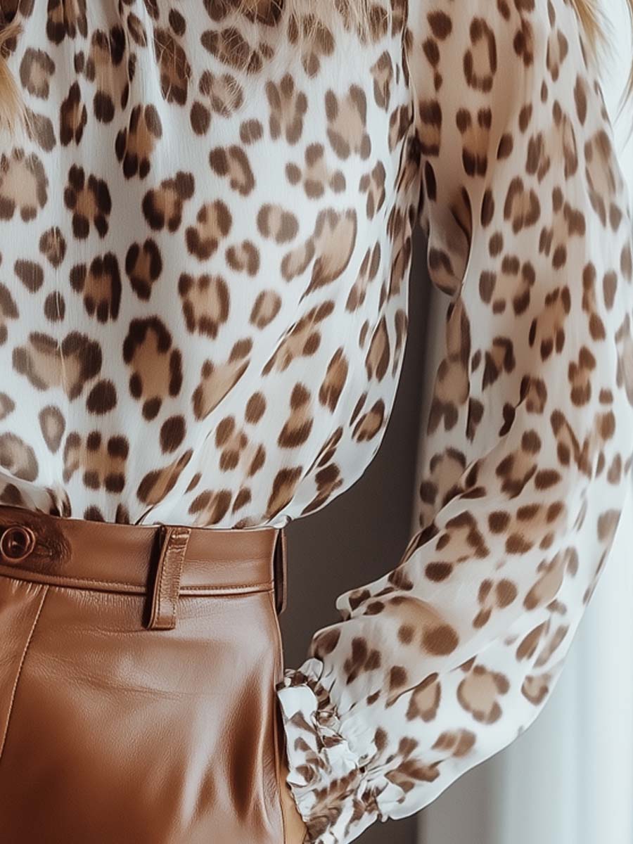 Pleated Collar Leopard Print Long-sleeved Chiffon Blouse