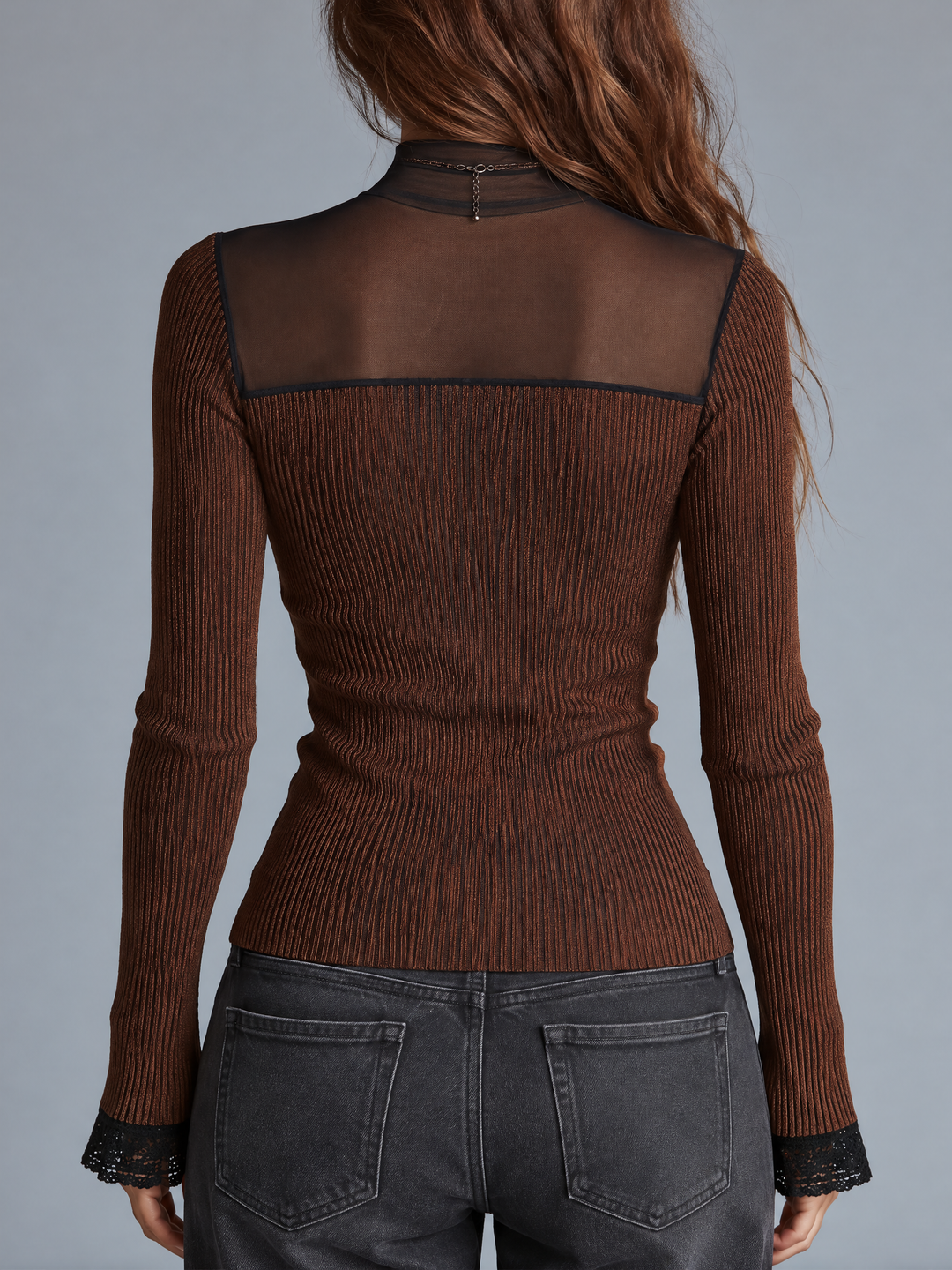 Vintage Rust Brown Mesh Cutout Ribbed Knit Top