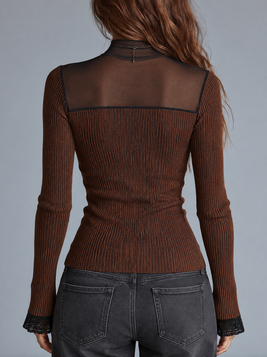 Vintage Rust Brown Mesh Cutout Ribbed Knit Top