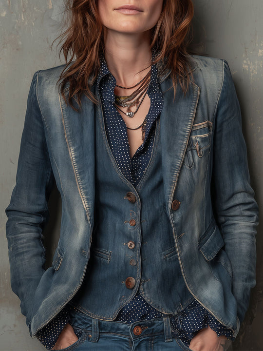Retro Distressed Denim Vest & Flap Pocket Blazer Set