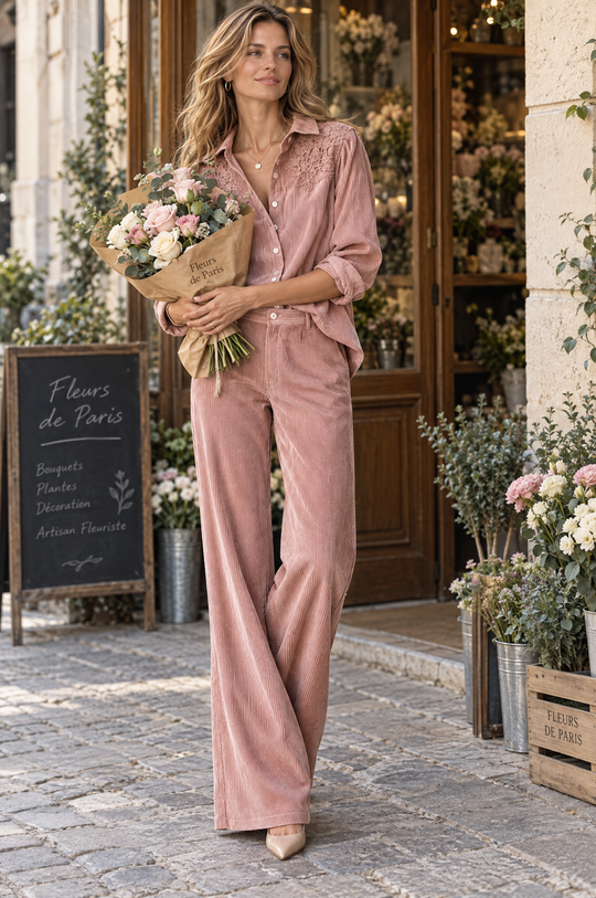 Boho Corduroy Lace-Trim Shirt & Wide-Leg Pants Set