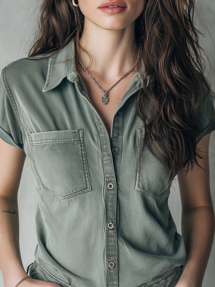 Bohemian Washed Slim Fit Short Sleeve Blouse