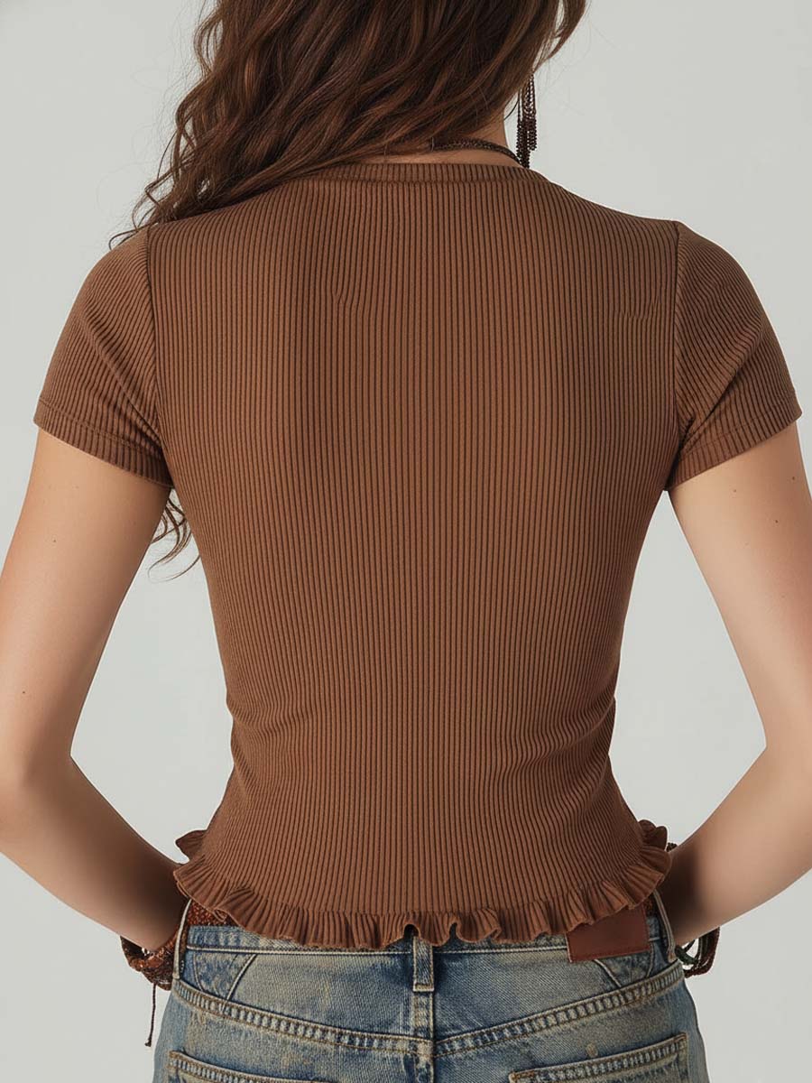 Boho Vintage Brown Ribbed Ruffle Zip-Front Top