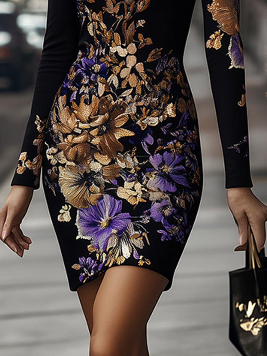 Elegant Round Neck Floral Long Sleeve Bodycon Dress