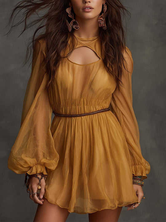 Sheer Chiffon Cutout Balloon-Sleeve Mini Dress
