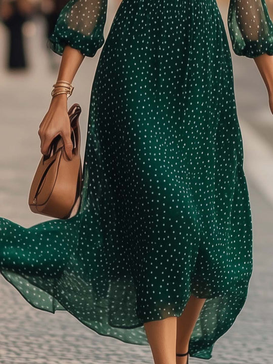 Polka Dot Elegant Green Midi Dress