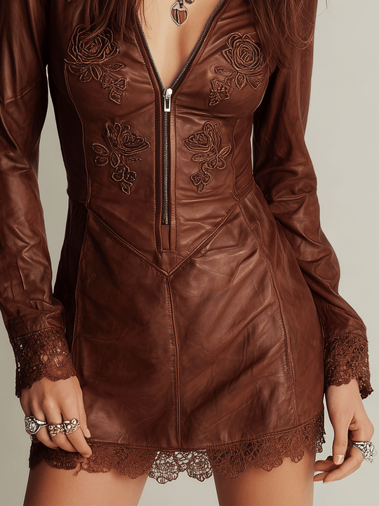 Vintage Boho Embroidered Faux Leather Lace Hem Mini Dress