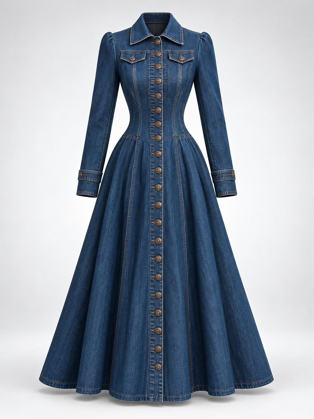 Retro Single-breasted Long Fitted Denim Trench Coat