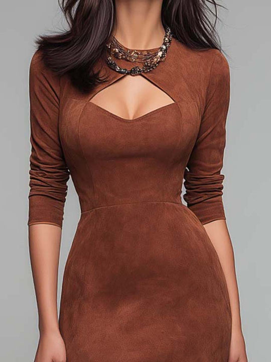 Eco-Suede Keyhole Midi Dress – Warm Chestnut