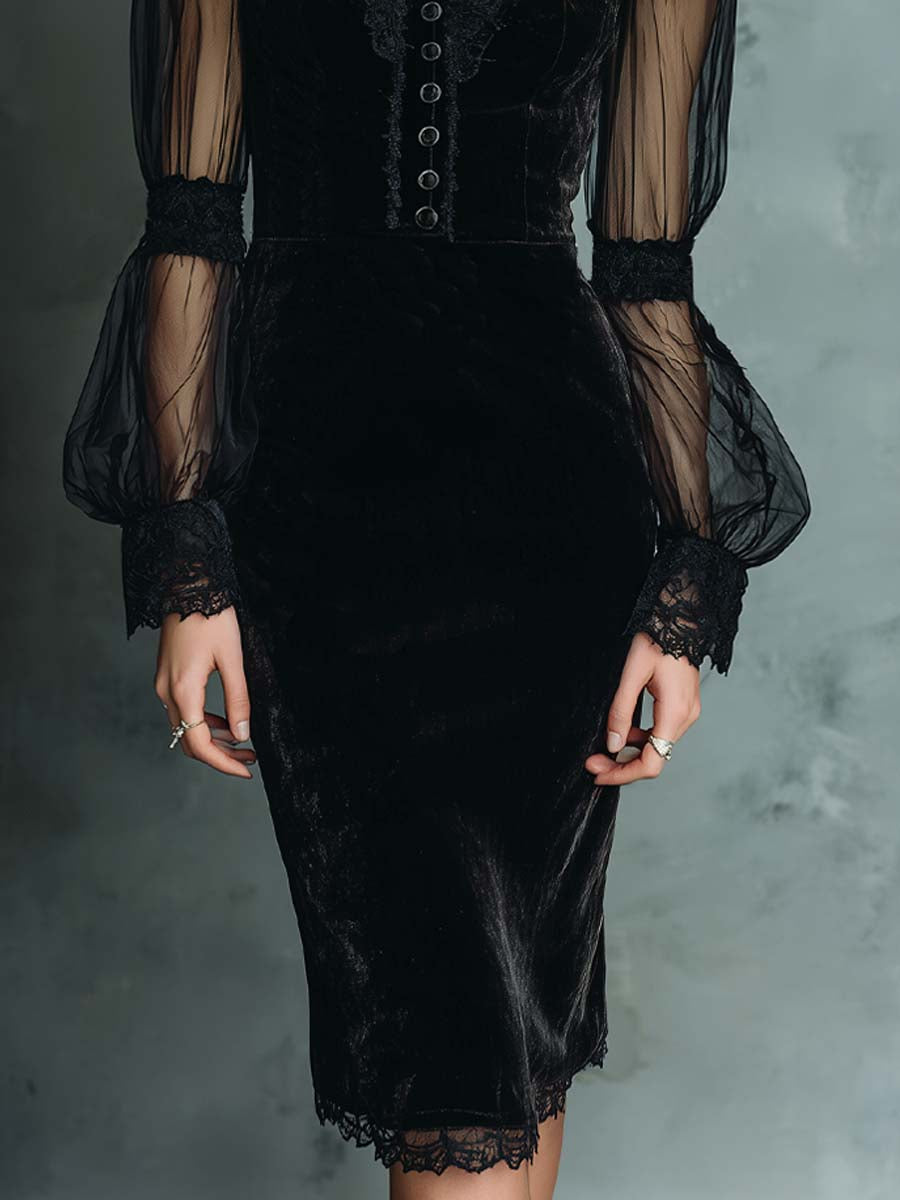 Vintage Lace Trim Sheer Sleeves Polyester Velvet Midi Dress