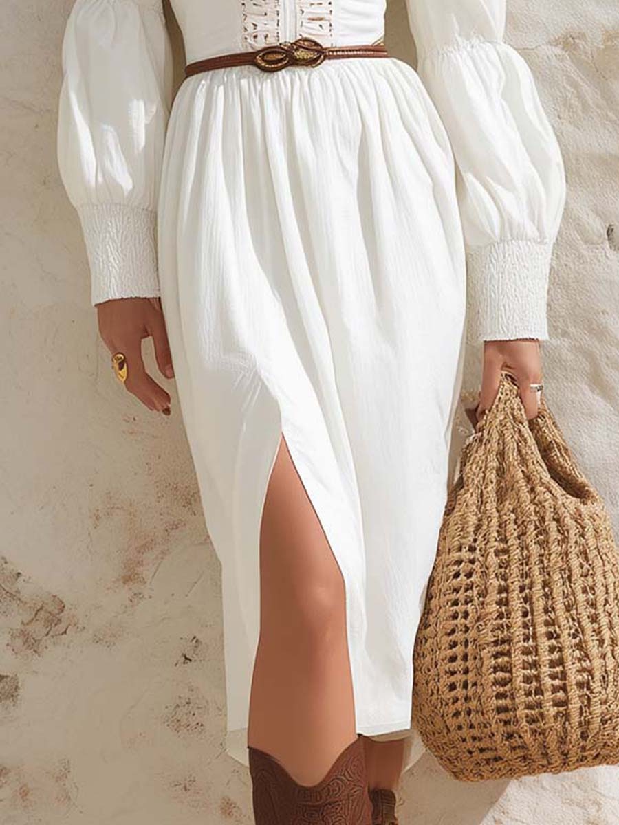 Embroidered Neckline Long-Sleeve Midi Dress