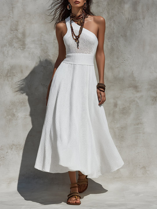 Chic One Shoulder Hollow Knitted Maxi Dress