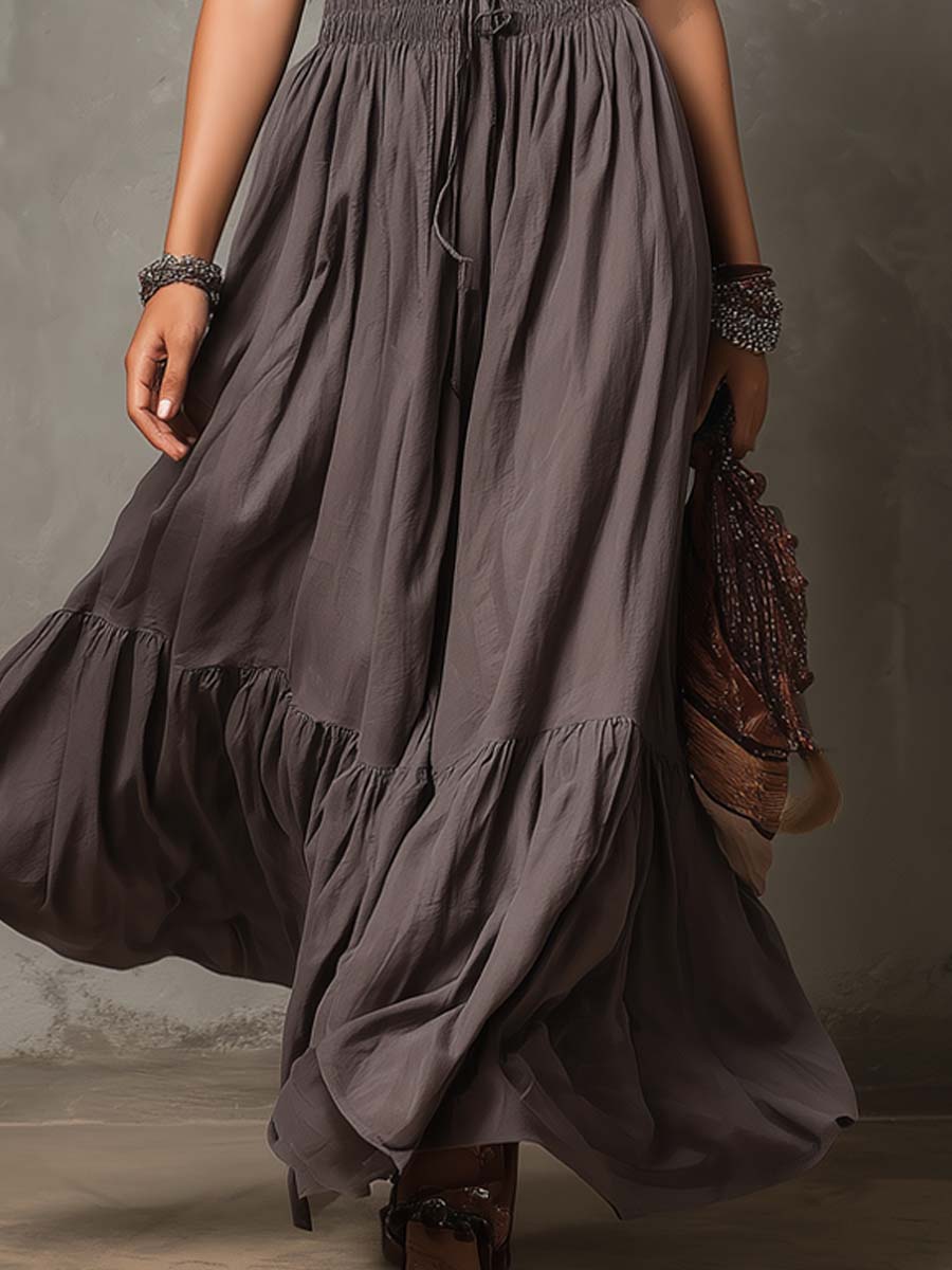 Retro Cotton-Linen Smocked Waist Maxi Dress