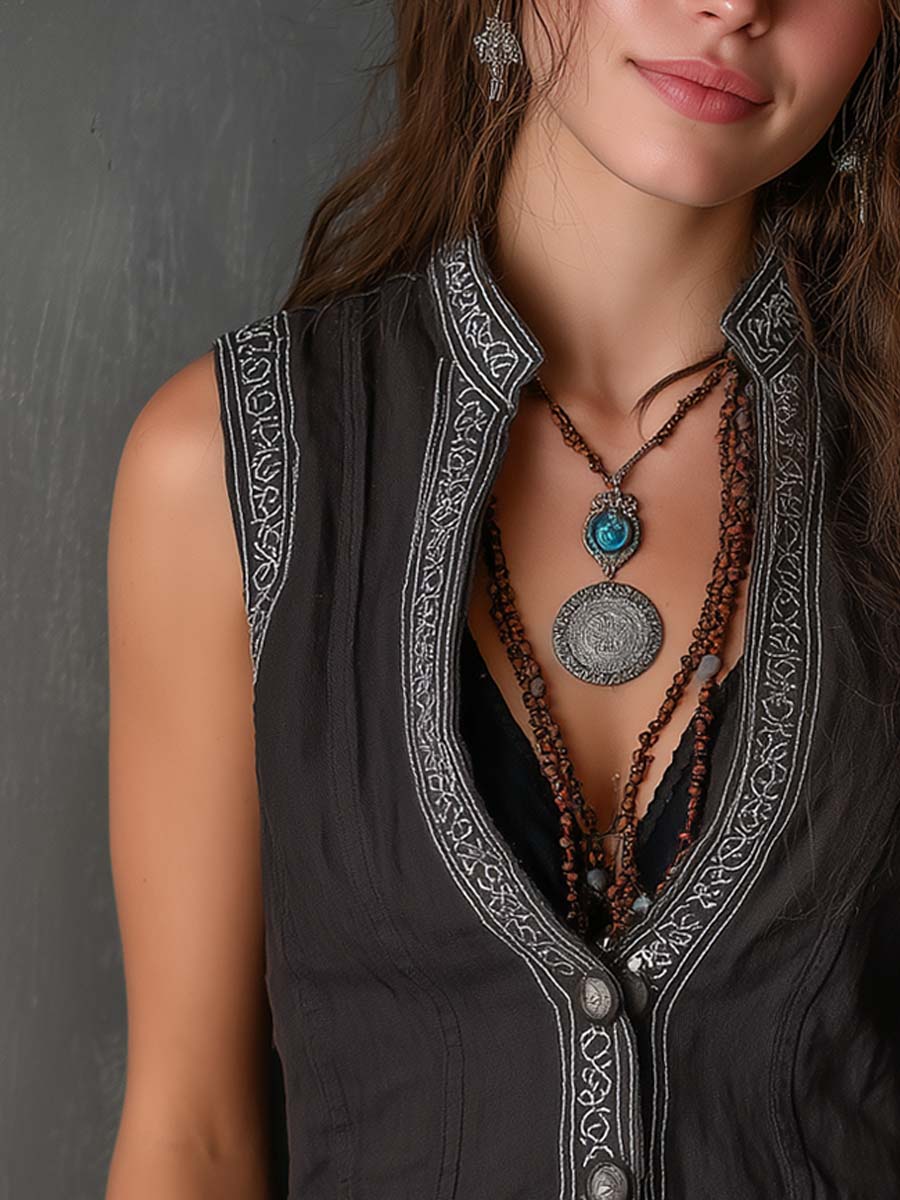 Retro Contrast Embroidered Trim Cotton Linen Vest