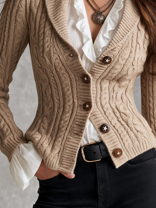 Quiet Luxury Cable Knit Tailored Suit Cardigan With Wooden Star Buttons