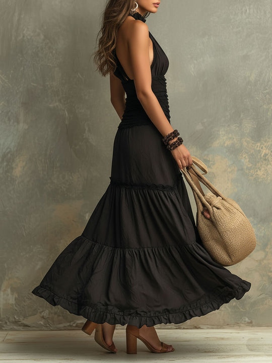 Boho Chic High-Neck Ruffled Maxi Dress With Lace Detail
