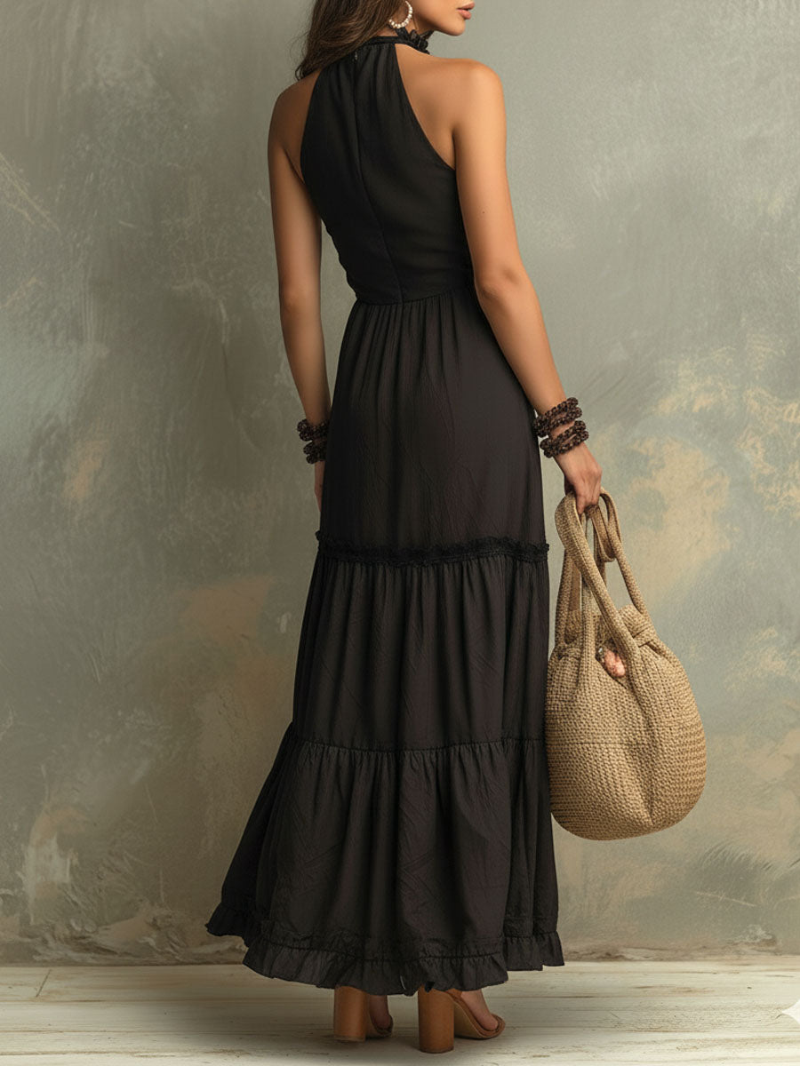 Boho Chic High-Neck Ruffled Maxi Dress With Lace Detail