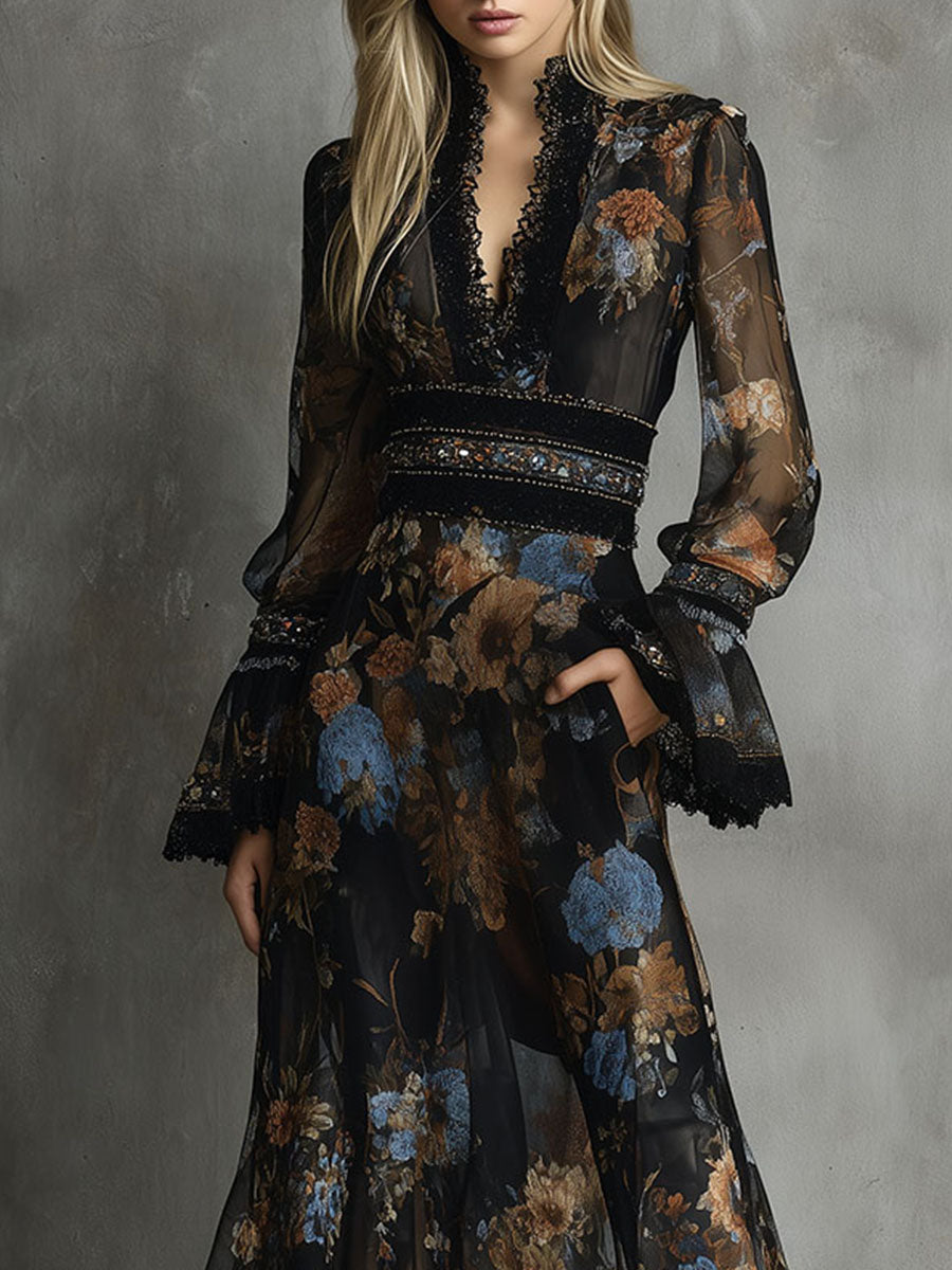 Bohemian Lace Trim Black Floral Chiffon Maxi Dress