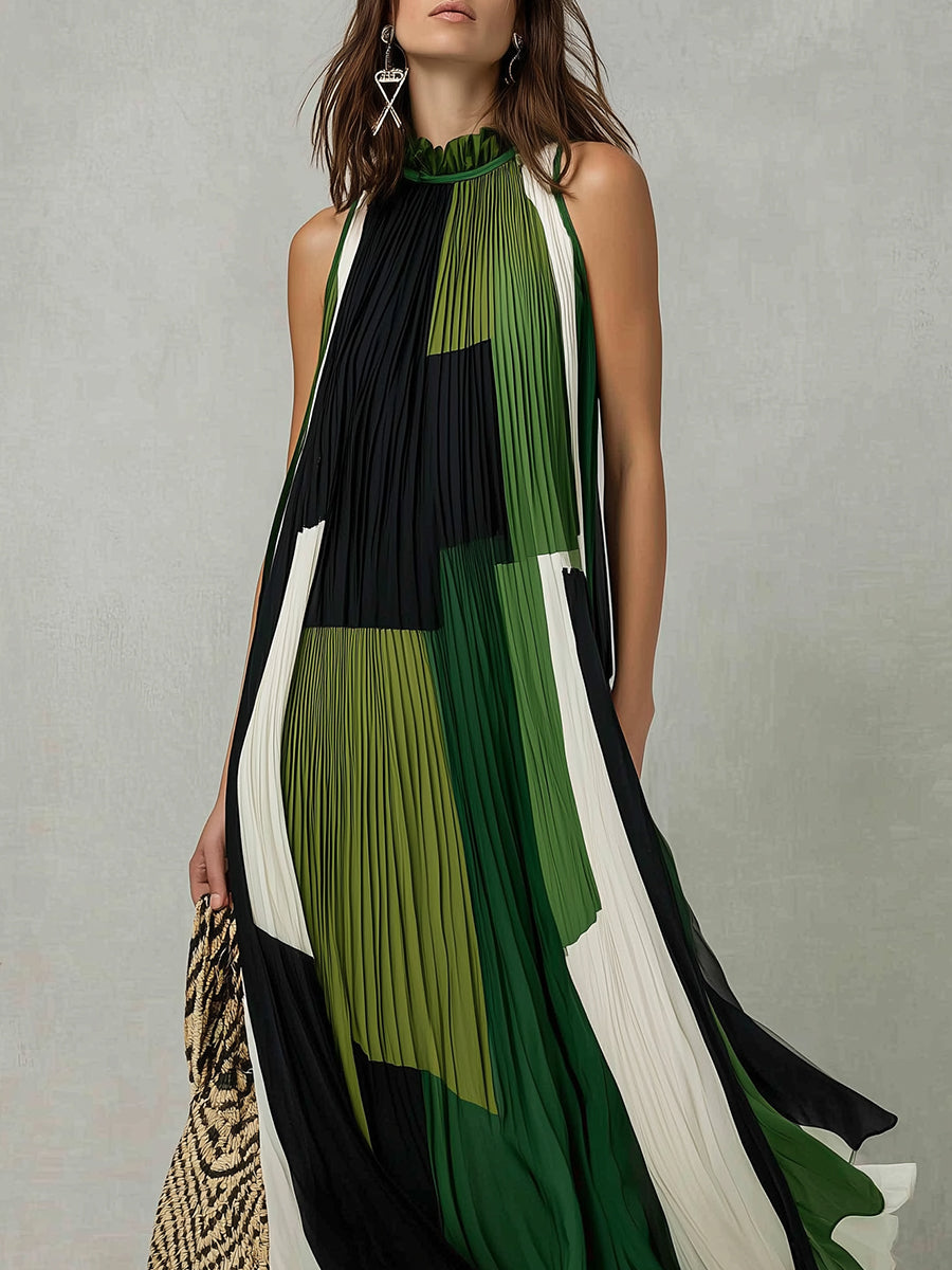 Retro Contrast Pleated Stand Collar A-line Maxi Dress