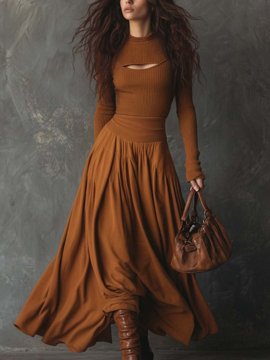 Ribbed Knit Bodice Spliced Maxi Dress