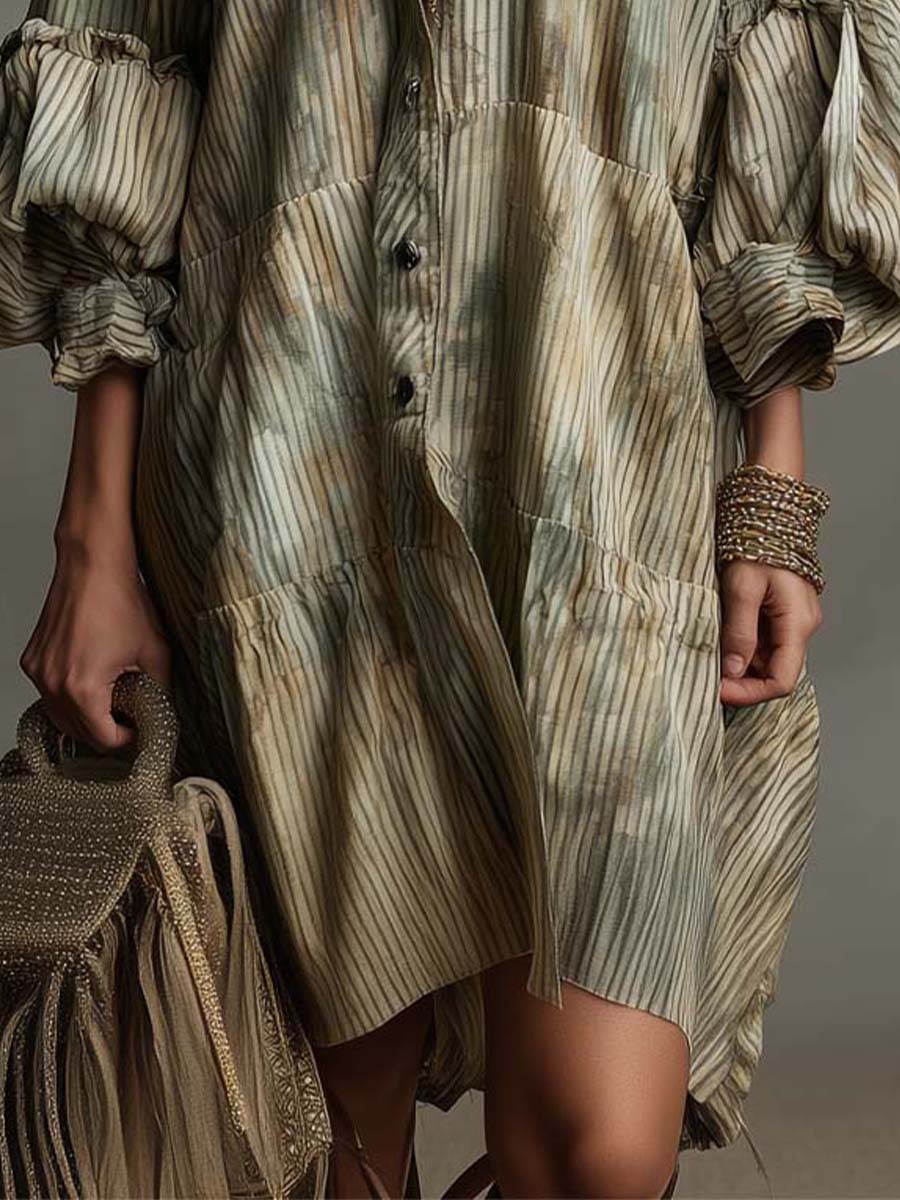 Vintage Boho Striped Button Shirt Dress
