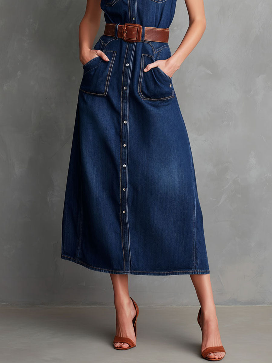 Retro Button-Front Denim Utility Pockets Shirt Midi Dress