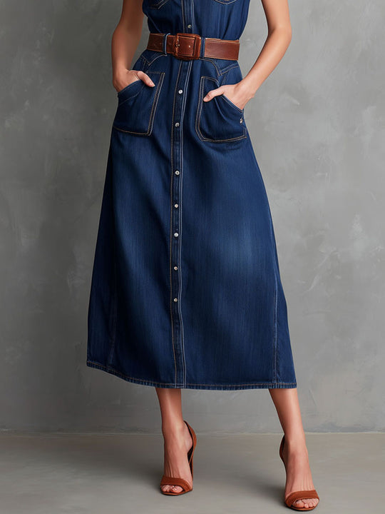 Retro Button-Front Denim Utility Pockets Shirt Midi Dress