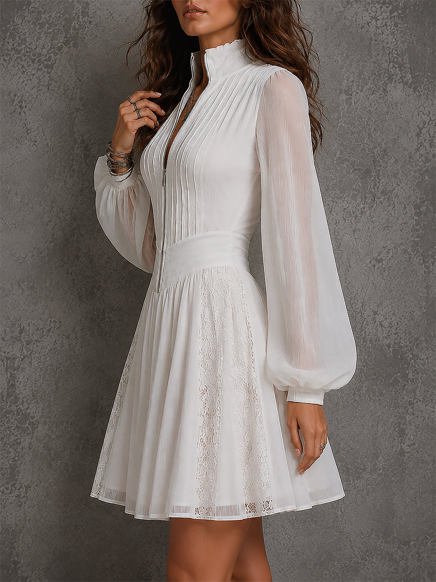 Vintage Front Zipper Chiffon Mini Dress With Lantern Sleeves