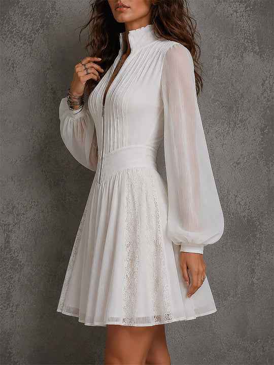 Vintage Front Zipper Chiffon Mini Dress With Lantern Sleeves