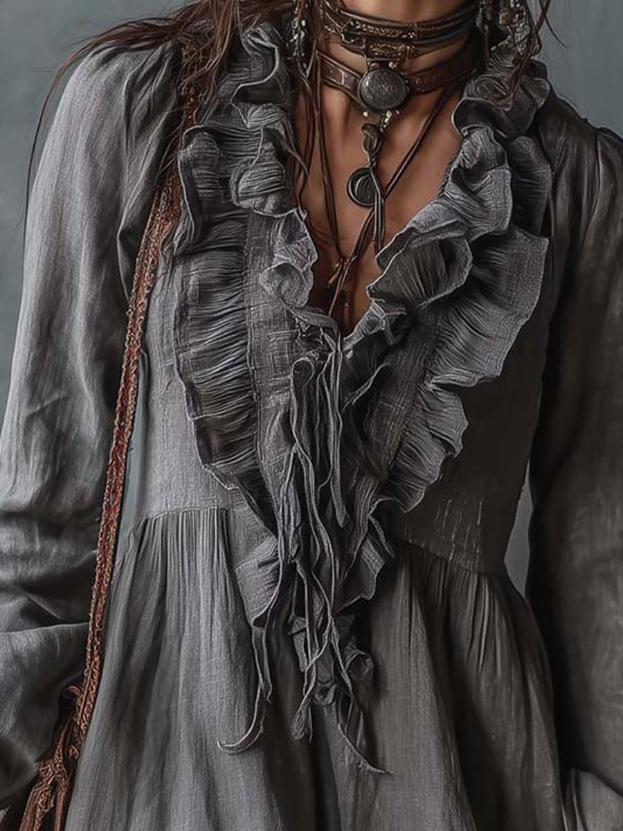 Ruffled V-Neck Cotton-Linen Mini Dress